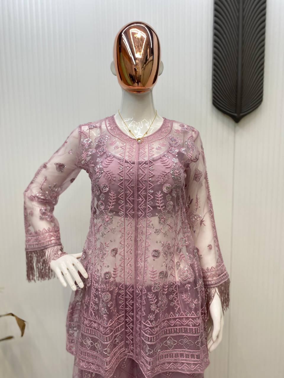 Ceremony Wear Dusty Pink Butterfly Net With Sequence Embroidery Work Palazzo Suit