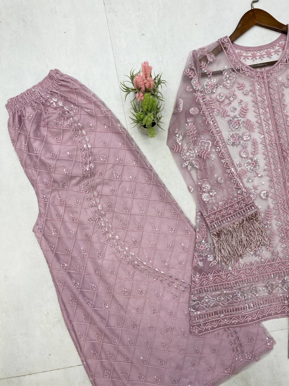 Ceremony Wear Dusty Pink Butterfly Net With Sequence Embroidery Work Palazzo Suit