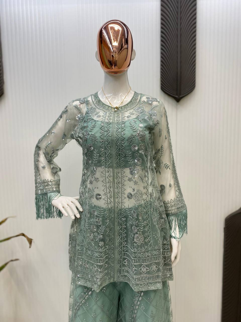 Ceremony Wear Green Butterfly Net With Sequence Embroidery Work Palazzo Suit