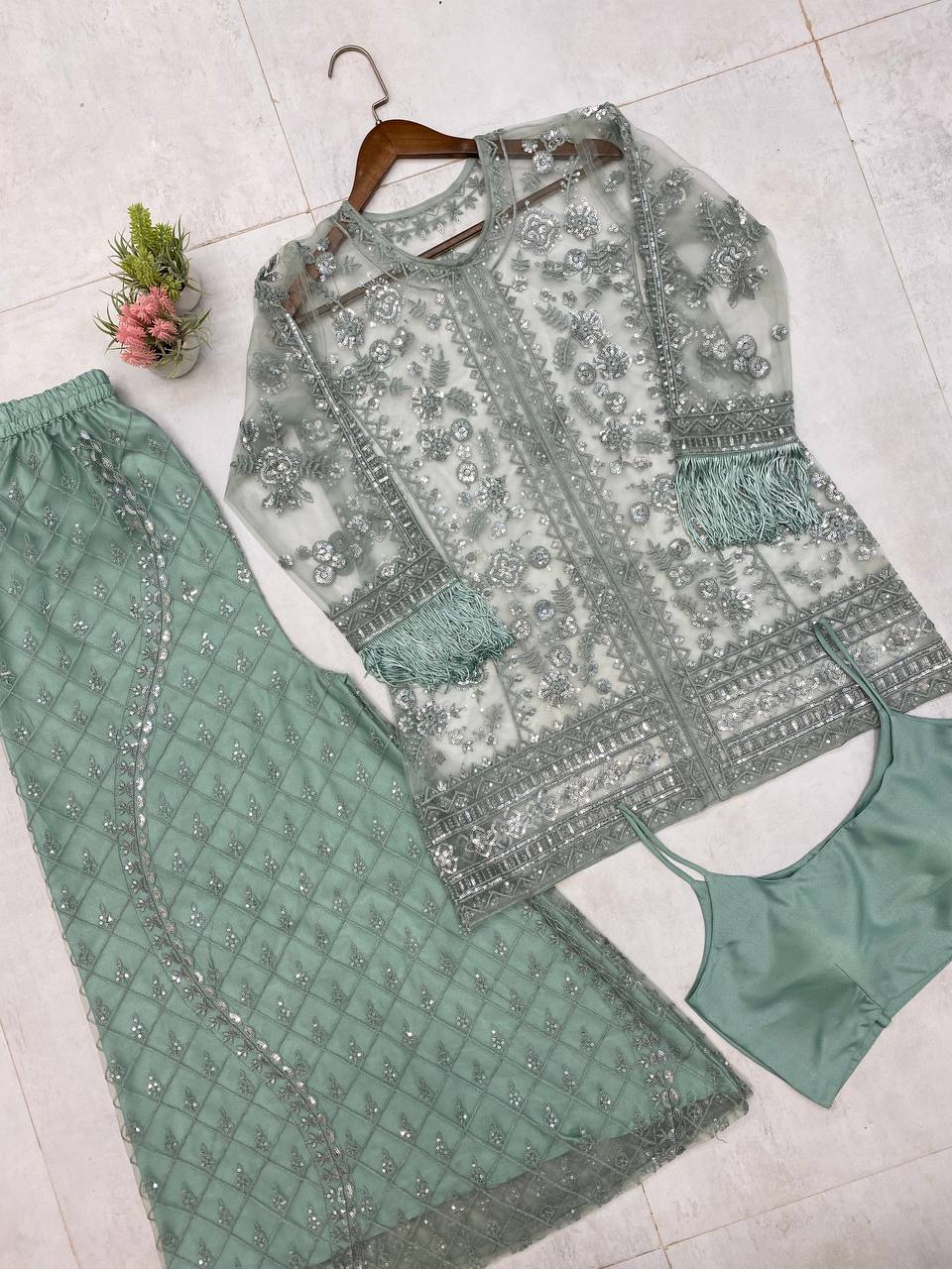 Ceremony Wear Green Butterfly Net With Sequence Embroidery Work Palazzo Suit