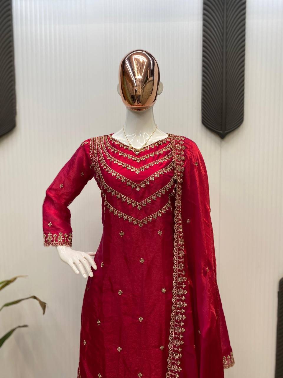 Alluring Dark Red Color Fendi Silk Sequence Embroidery Work Salwar Suit