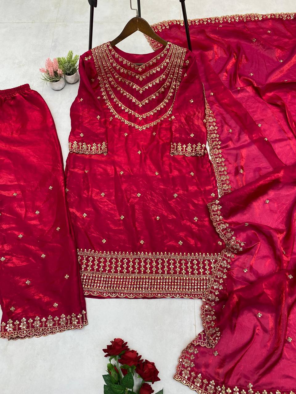 Alluring Dark Red Color Fendi Silk Sequence Embroidery Work Salwar Suit