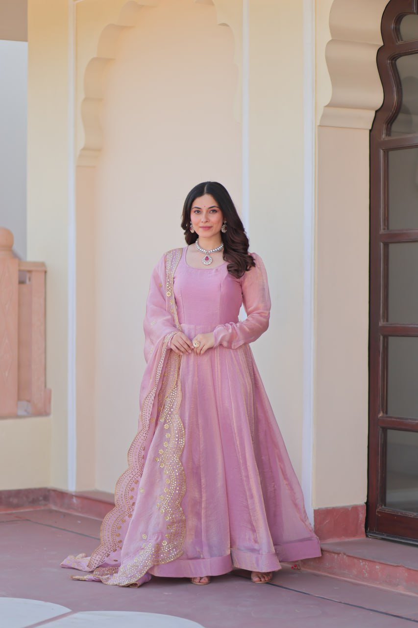 Party Wear Pink Color Fendy Chiffon With 12 Kali Stitched Designer Gown