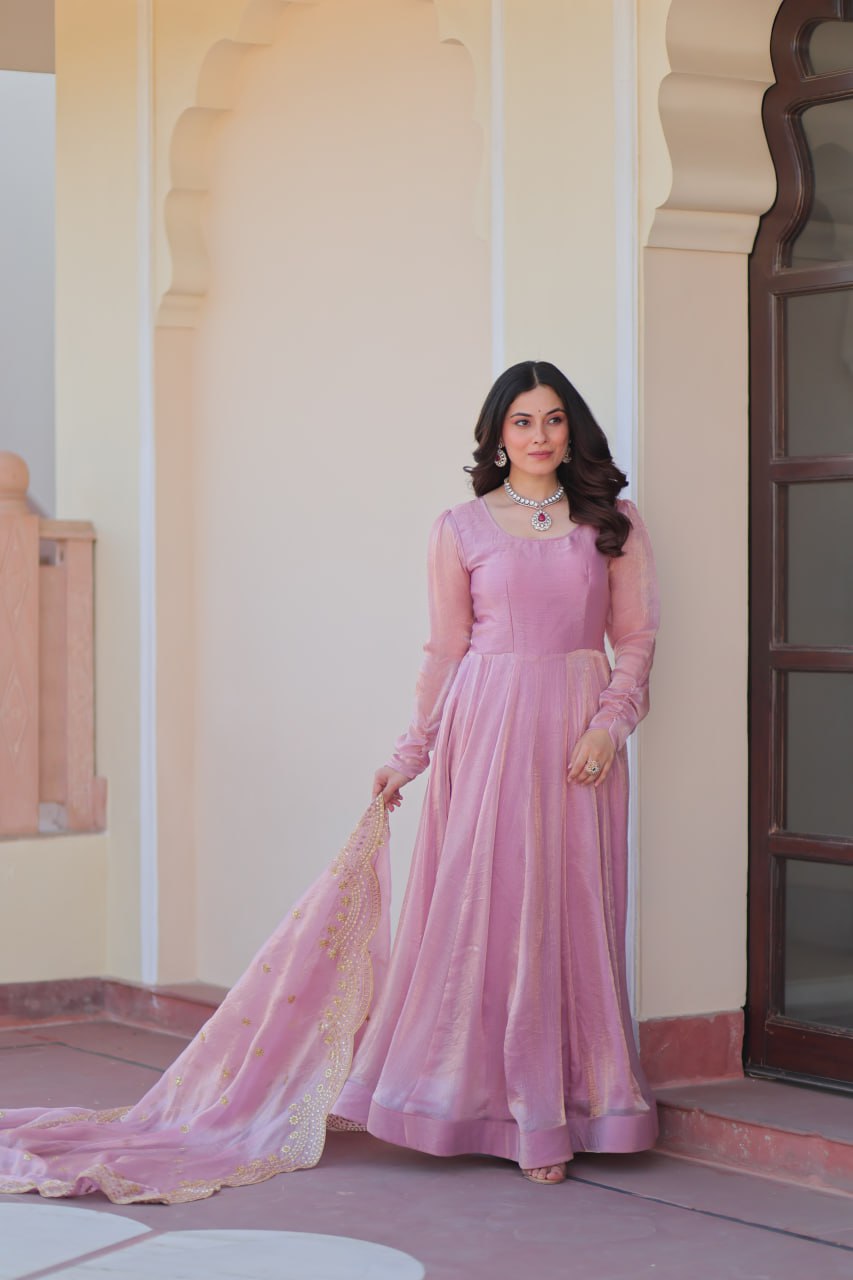 Party Wear Pink Color Fendy Chiffon With 12 Kali Stitched Designer Gown