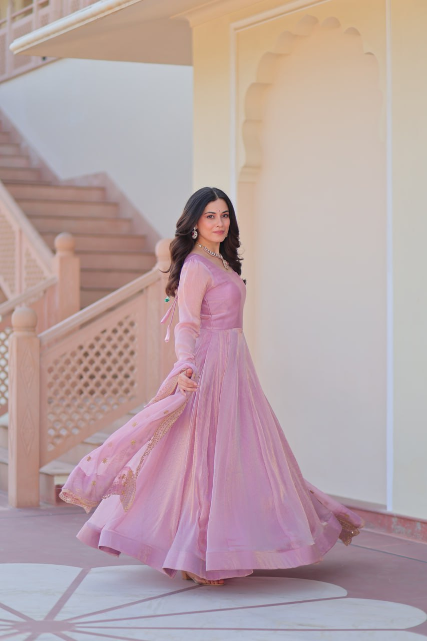 Party Wear Pink Color Fendy Chiffon With 12 Kali Stitched Designer Gown