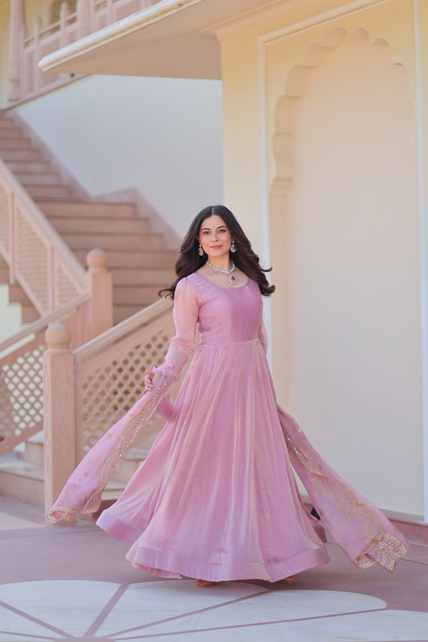 Party Wear Pink Color Fendy Chiffon With 12 Kali Stitched Designer Gown