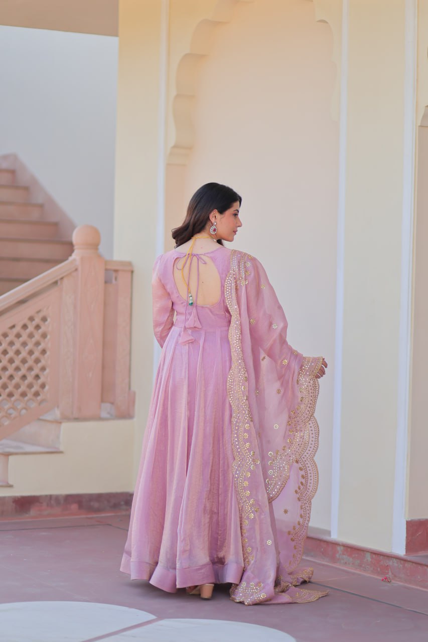 Party Wear Pink Color Fendy Chiffon With 12 Kali Stitched Designer Gown