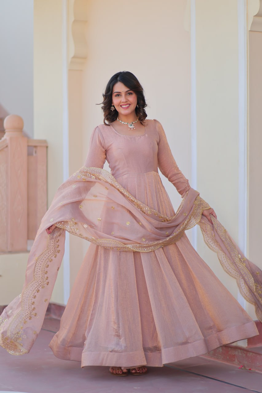 Party Wear Peach Color Fendy Chiffon With 12 Kali Stitched Designer Gown