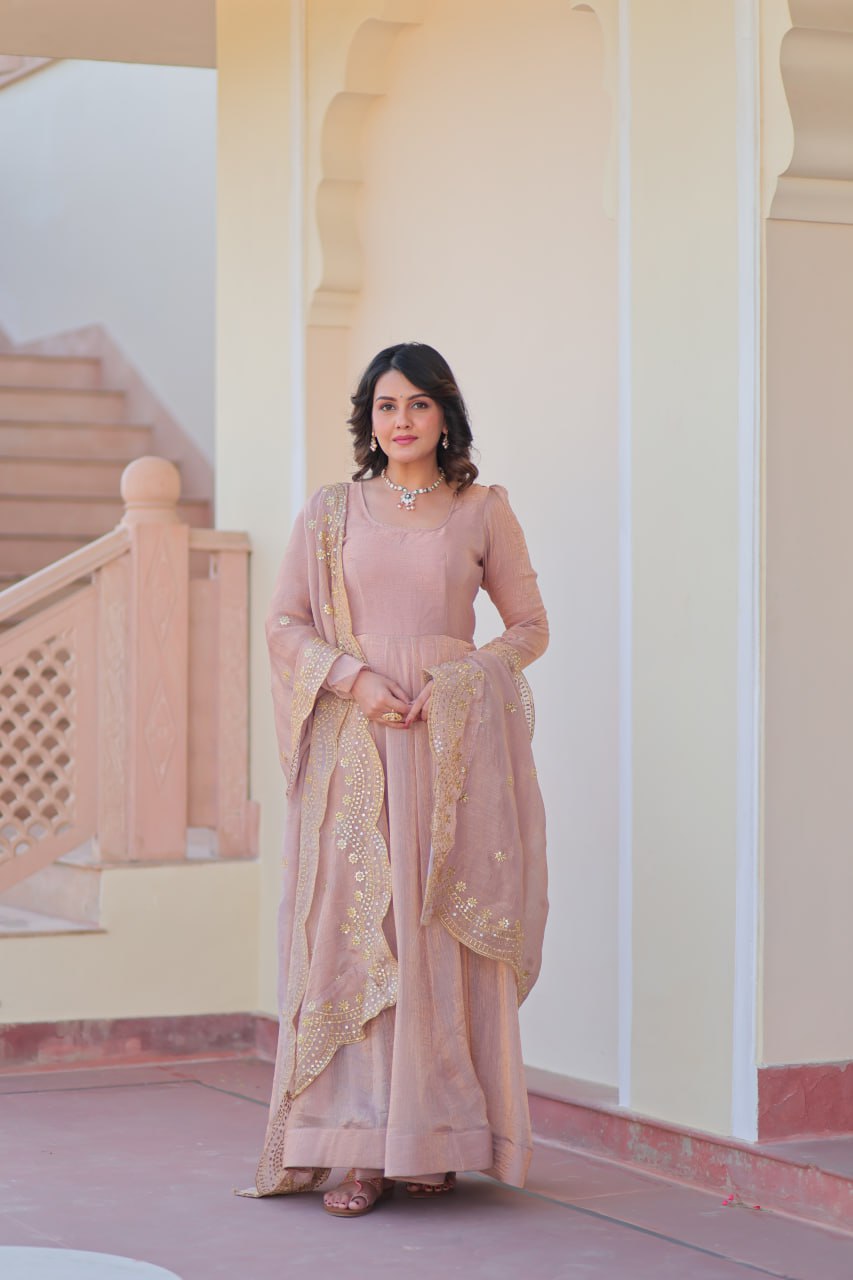 Party Wear Peach Color Fendy Chiffon With 12 Kali Stitched Designer Gown