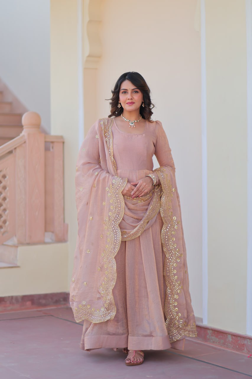Party Wear Peach Color Fendy Chiffon With 12 Kali Stitched Designer Gown