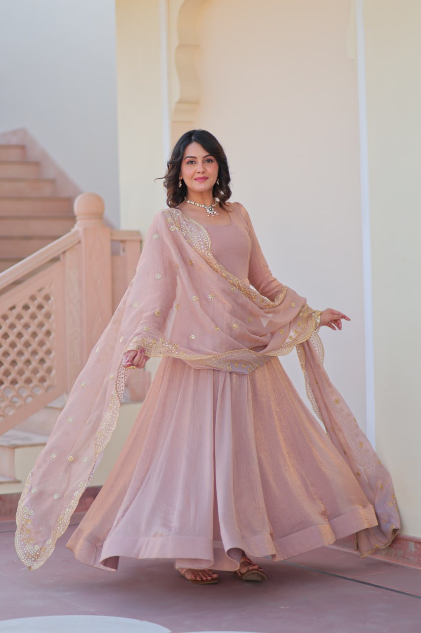 Party Wear Peach Color Fendy Chiffon With 12 Kali Stitched Designer Gown