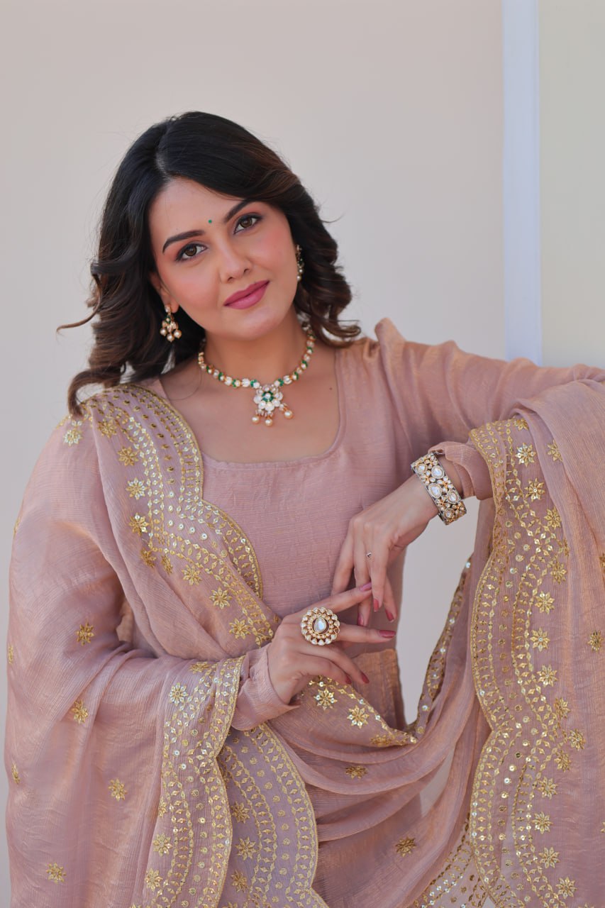 Party Wear Peach Color Fendy Chiffon With 12 Kali Stitched Designer Gown
