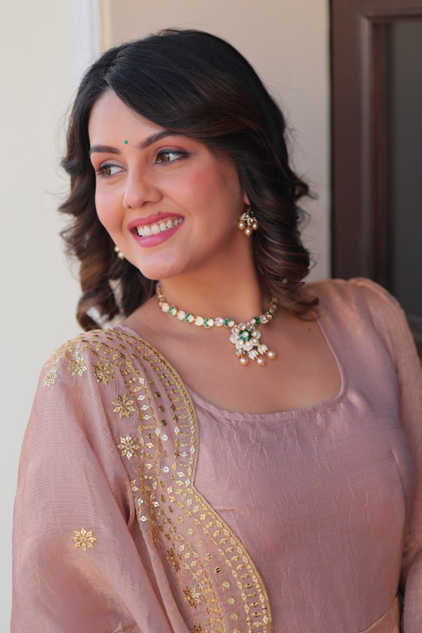 Party Wear Peach Color Fendy Chiffon With 12 Kali Stitched Designer Gown