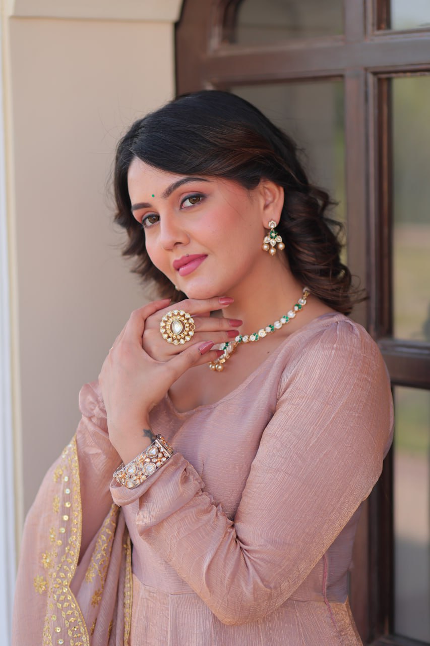 Party Wear Peach Color Fendy Chiffon With 12 Kali Stitched Designer Gown