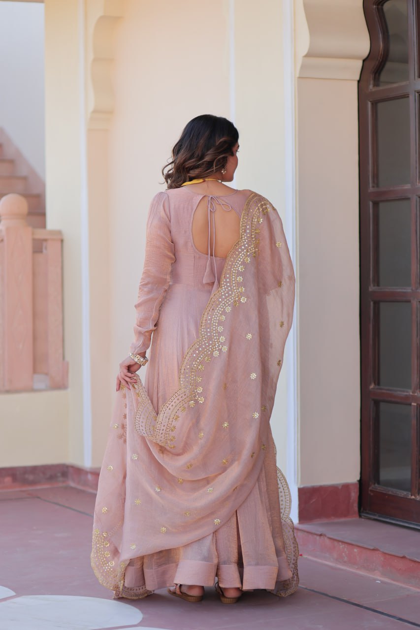 Party Wear Peach Color Fendy Chiffon With 12 Kali Stitched Designer Gown