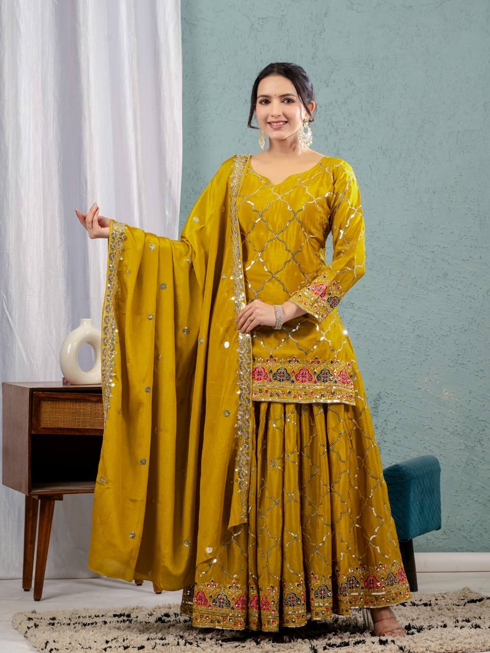 Party Wear Yellow Color Heavy Faux Georgette With 5mm Sequence Embroidery Work Sharara Suit