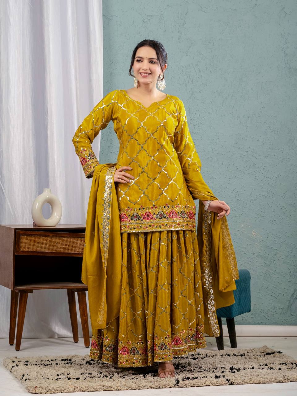 Party Wear Yellow Color Heavy Faux Georgette With 5mm Sequence Embroidery Work Sharara Suit