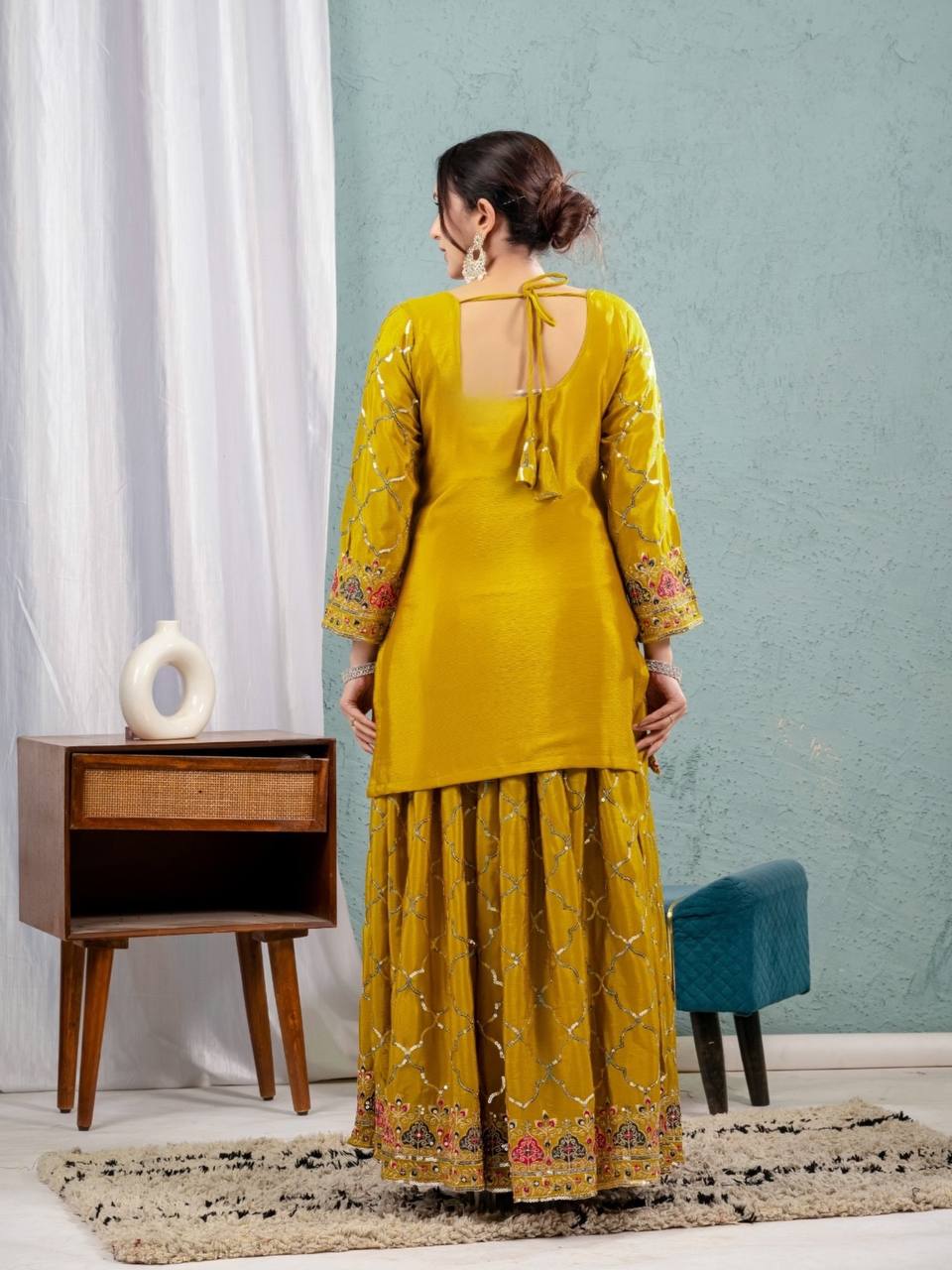Party Wear Yellow Color Heavy Faux Georgette With 5mm Sequence Embroidery Work Sharara Suit