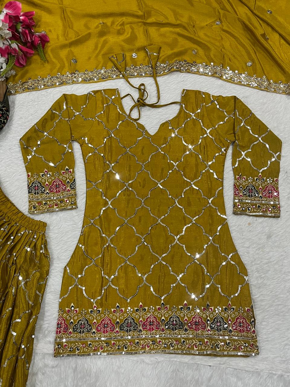 Party Wear Yellow Color Heavy Faux Georgette With 5mm Sequence Embroidery Work Sharara Suit