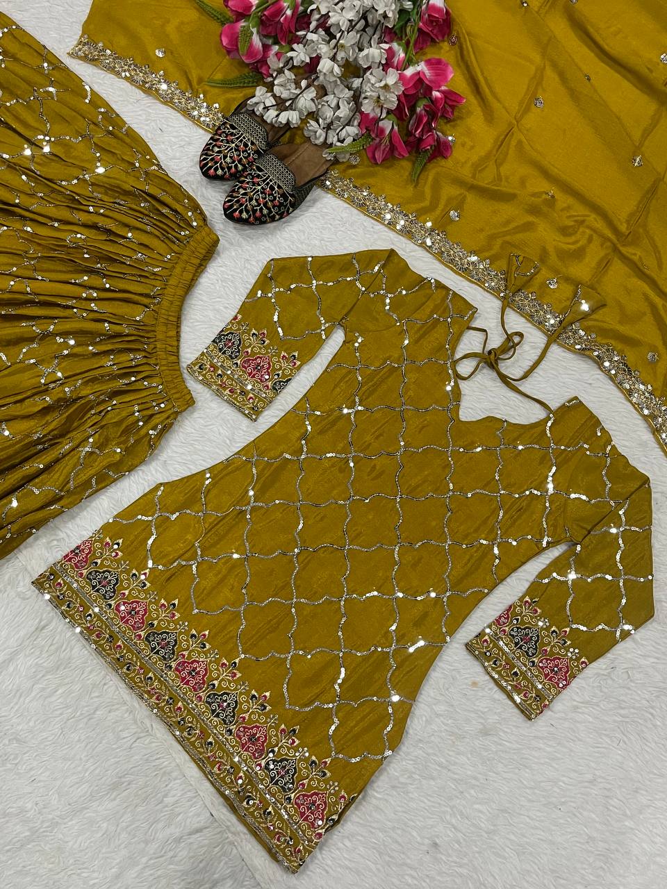 Party Wear Yellow Color Heavy Faux Georgette With 5mm Sequence Embroidery Work Sharara Suit