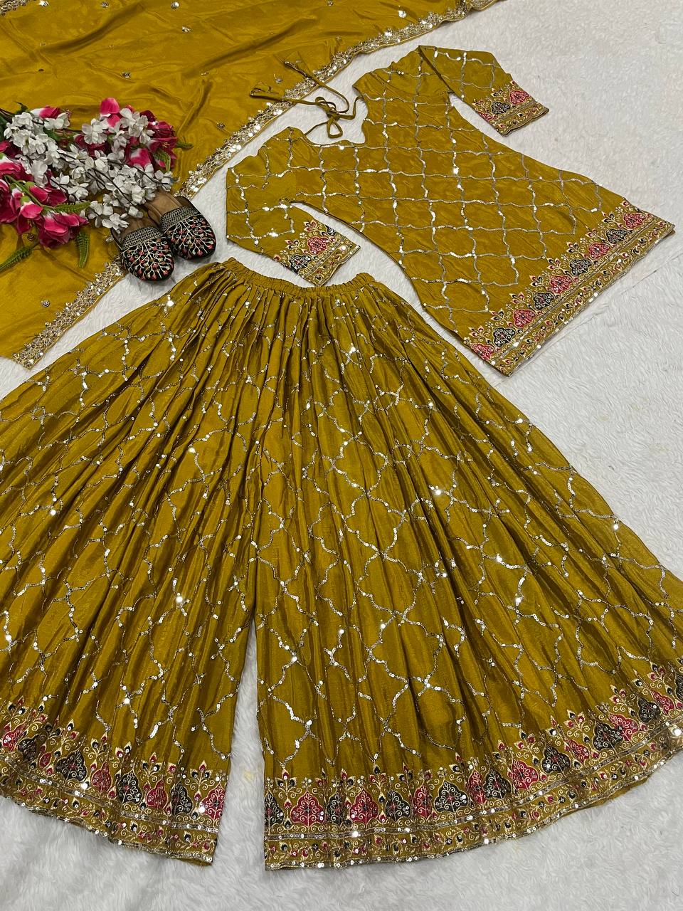 Party Wear Yellow Color Heavy Faux Georgette With 5mm Sequence Embroidery Work Sharara Suit