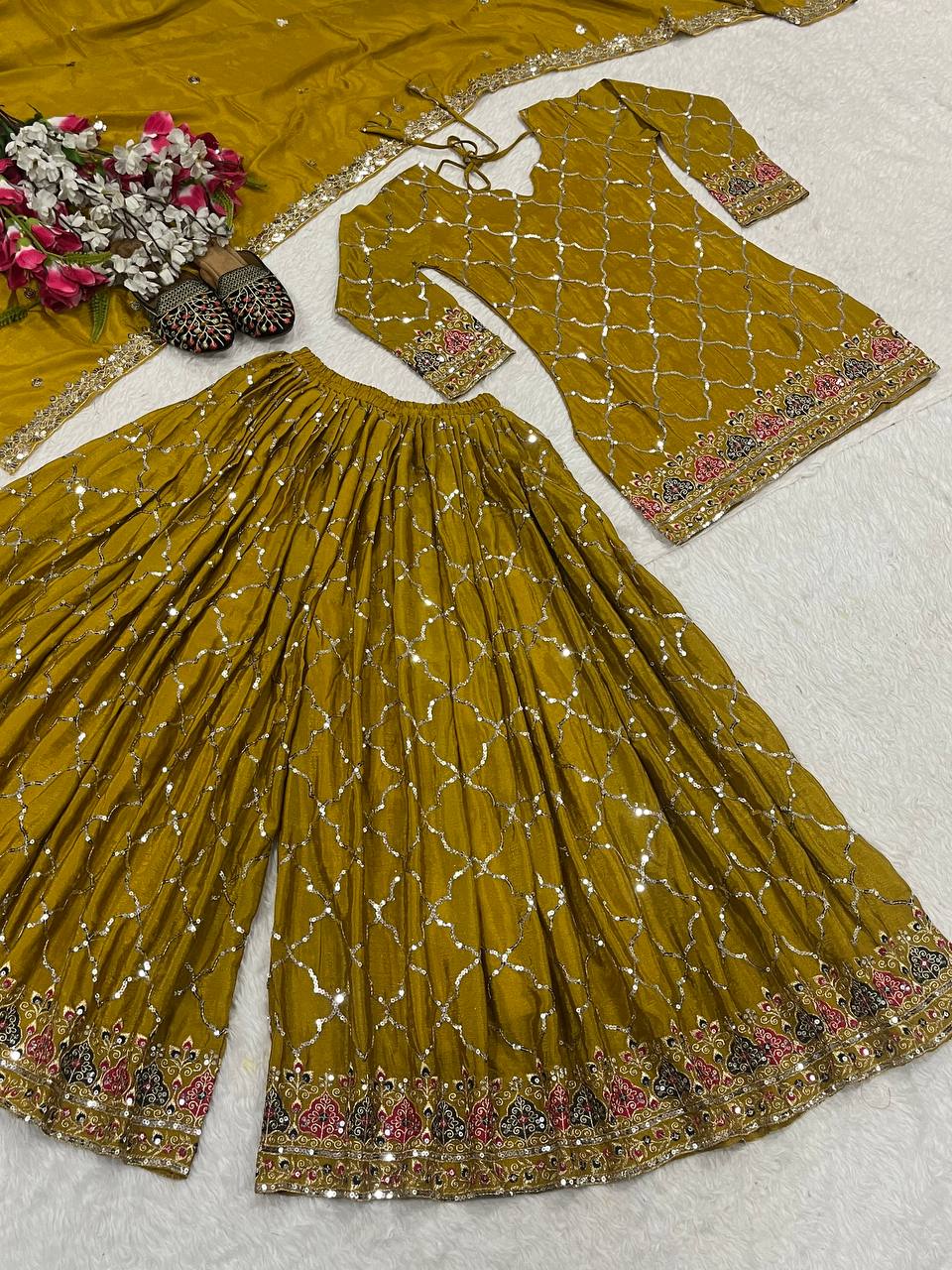 Party Wear Yellow Color Heavy Faux Georgette With 5mm Sequence Embroidery Work Sharara Suit