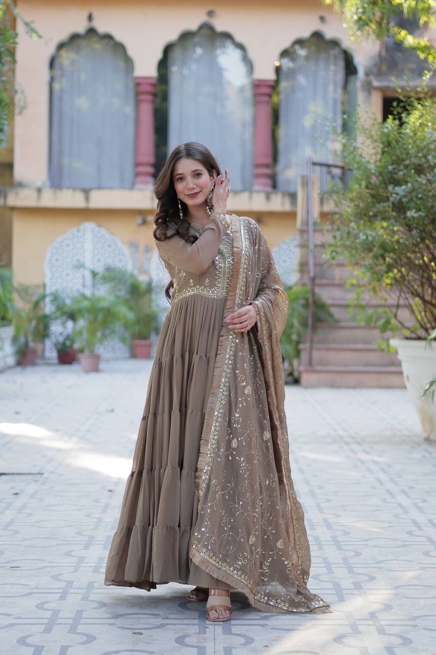 Function Wear Beige Color Star Georgette Fabrics Designer Gown With Embroidered Dupatta