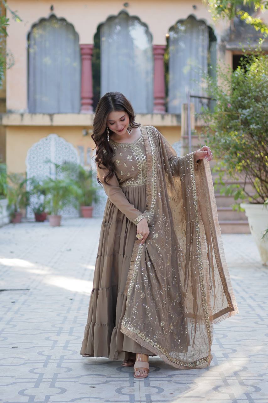 Function Wear Beige Color Star Georgette Fabrics Designer Gown With Embroidered Dupatta