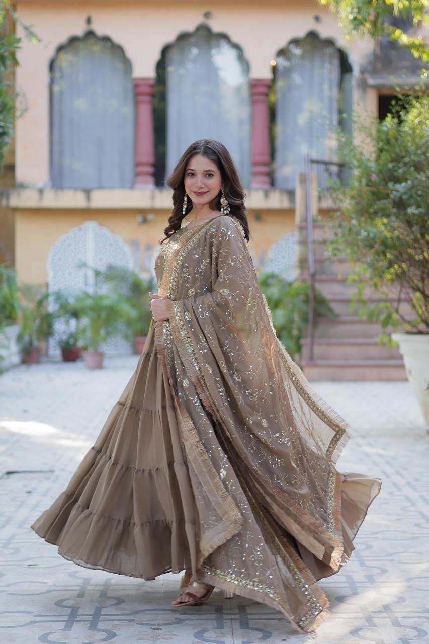 Function Wear Beige Color Star Georgette Fabrics Designer Gown With Embroidered Dupatta