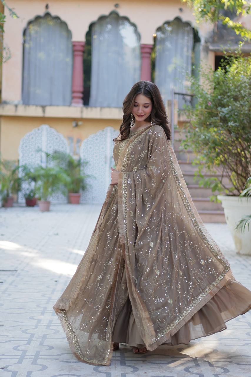 Function Wear Beige Color Star Georgette Fabrics Designer Gown With Embroidered Dupatta
