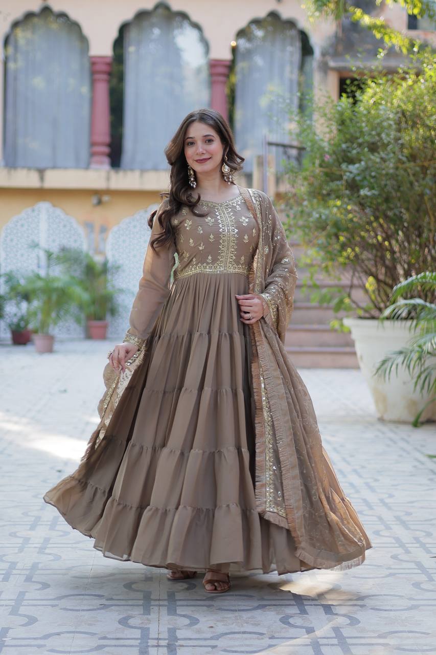 Function Wear Beige Color Star Georgette Fabrics Designer Gown With Embroidered Dupatta