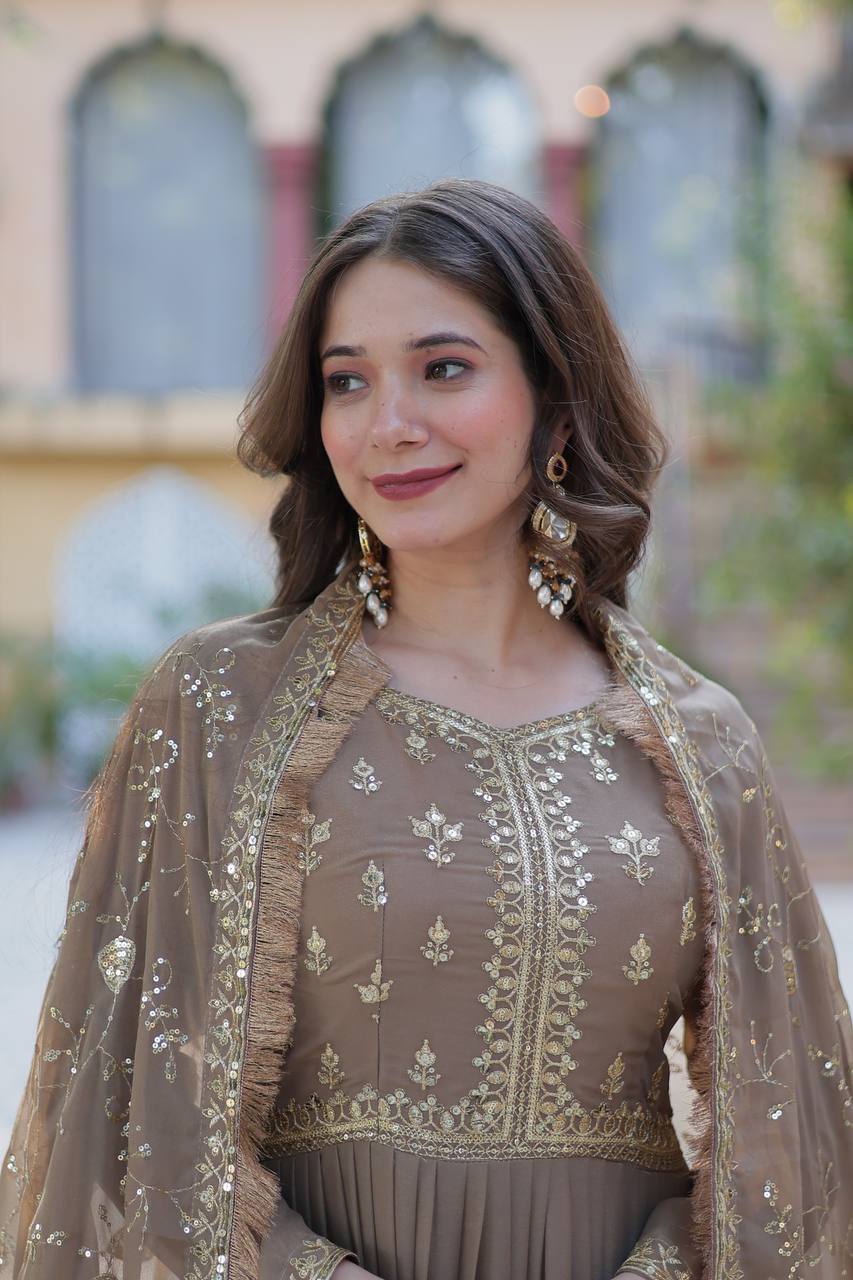 Function Wear Beige Color Star Georgette Fabrics Designer Gown With Embroidered Dupatta