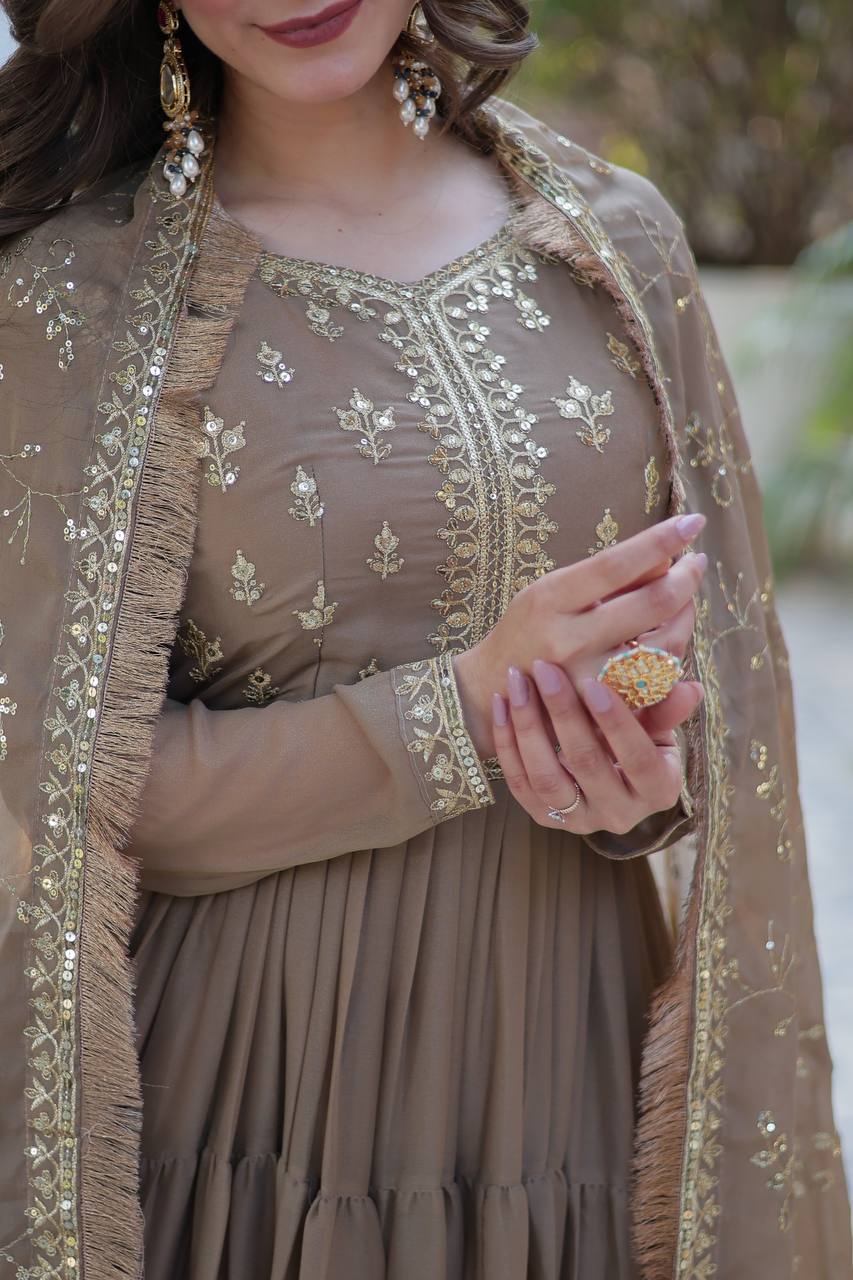 Function Wear Beige Color Star Georgette Fabrics Designer Gown With Embroidered Dupatta