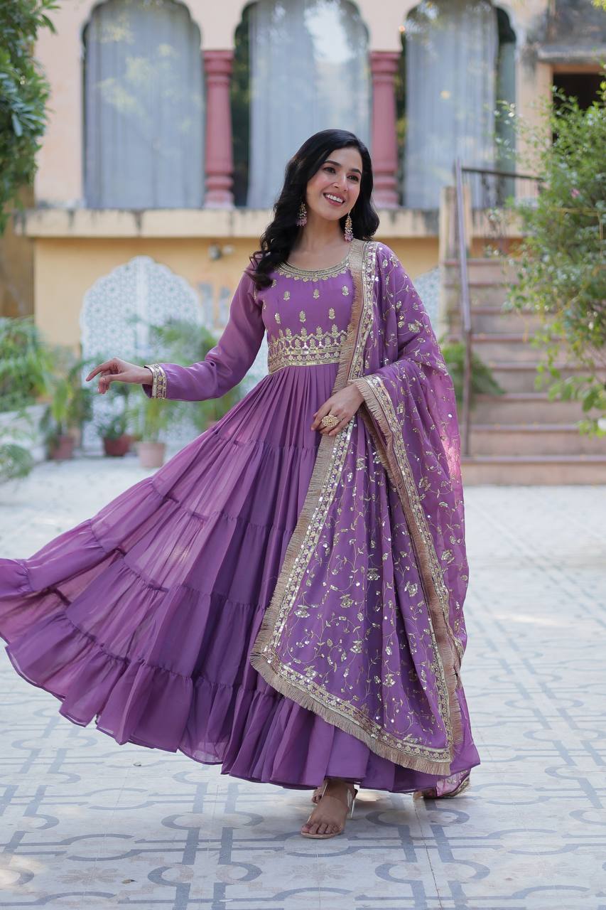 Function Wear Lavender Color Star Georgette Fabrics Designer Gown With Embroidered Dupatta