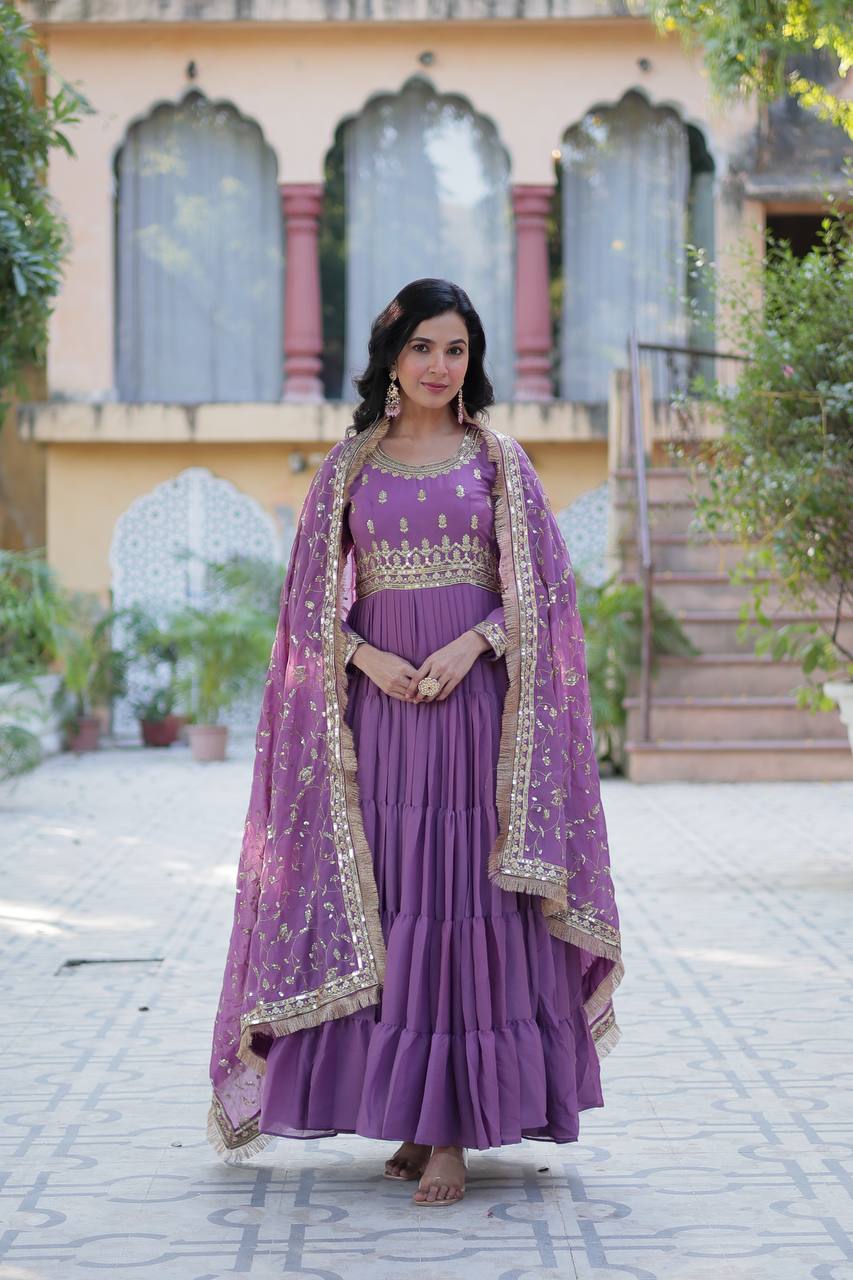 Function Wear Lavender Color Star Georgette Fabrics Designer Gown With Embroidered Dupatta
