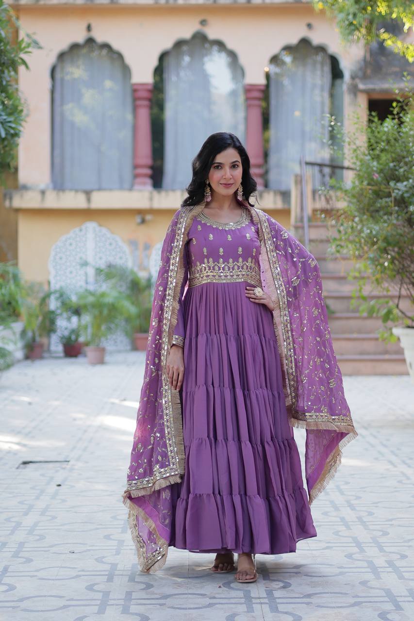 Function Wear Lavender Color Star Georgette Fabrics Designer Gown With Embroidered Dupatta