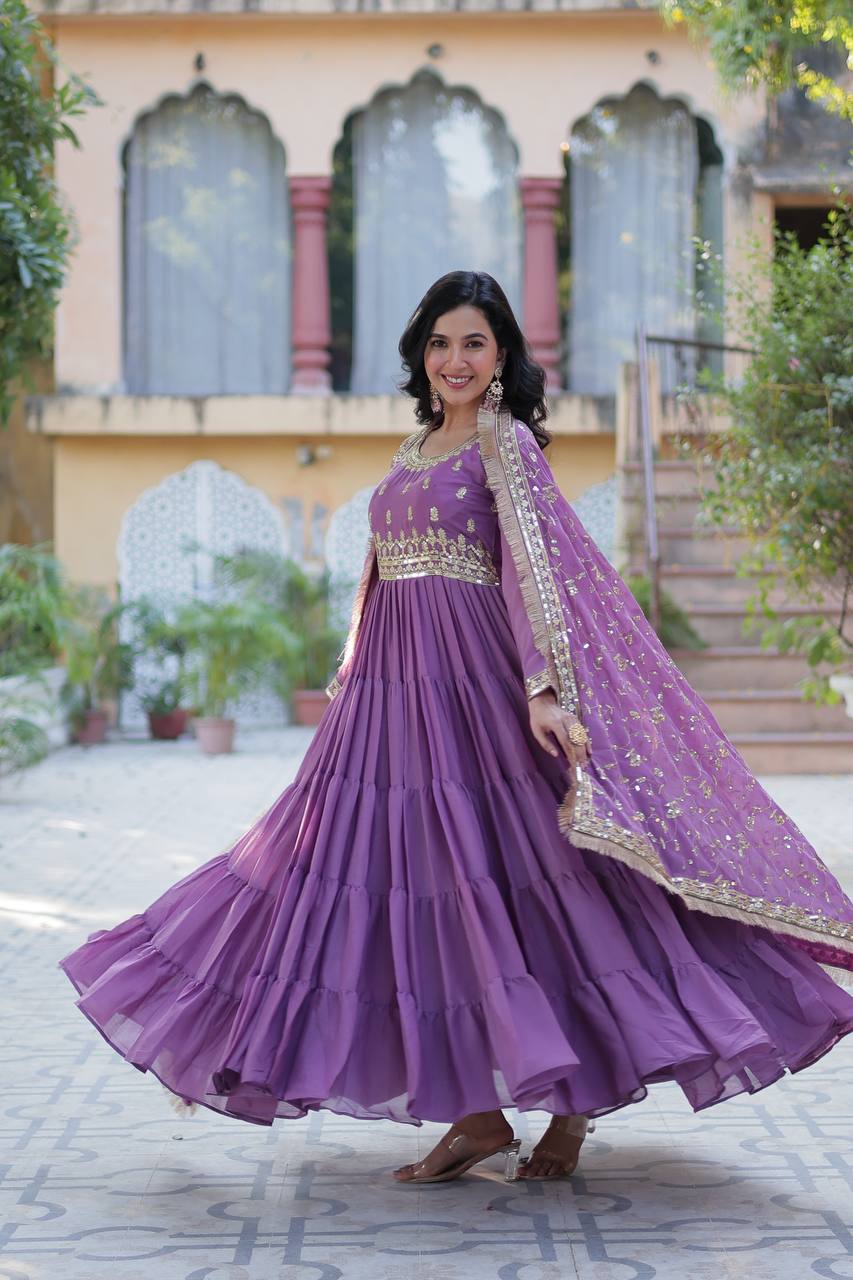 Function Wear Lavender Color Star Georgette Fabrics Designer Gown With Embroidered Dupatta