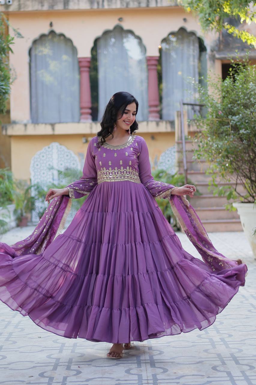 Function Wear Lavender Color Star Georgette Fabrics Designer Gown With Embroidered Dupatta