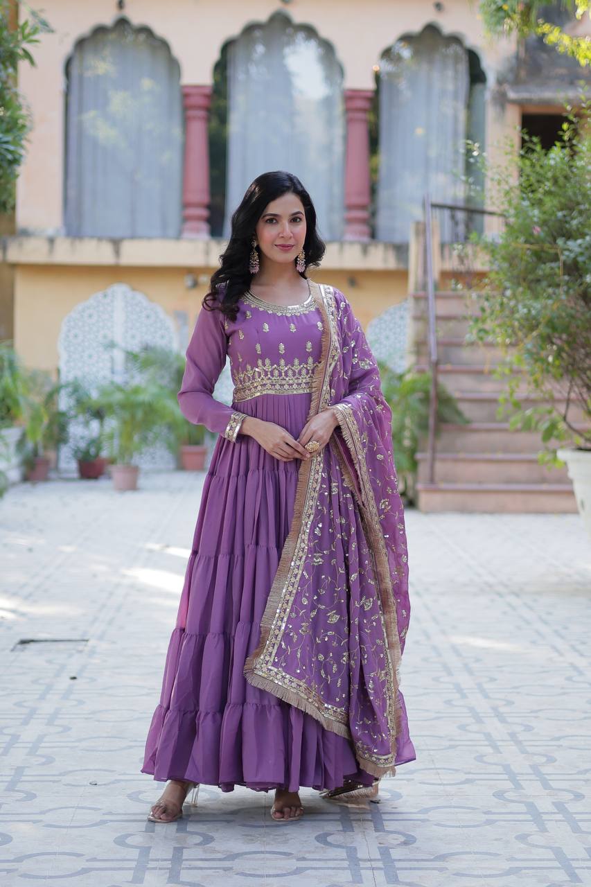 Function Wear Lavender Color Star Georgette Fabrics Designer Gown With Embroidered Dupatta