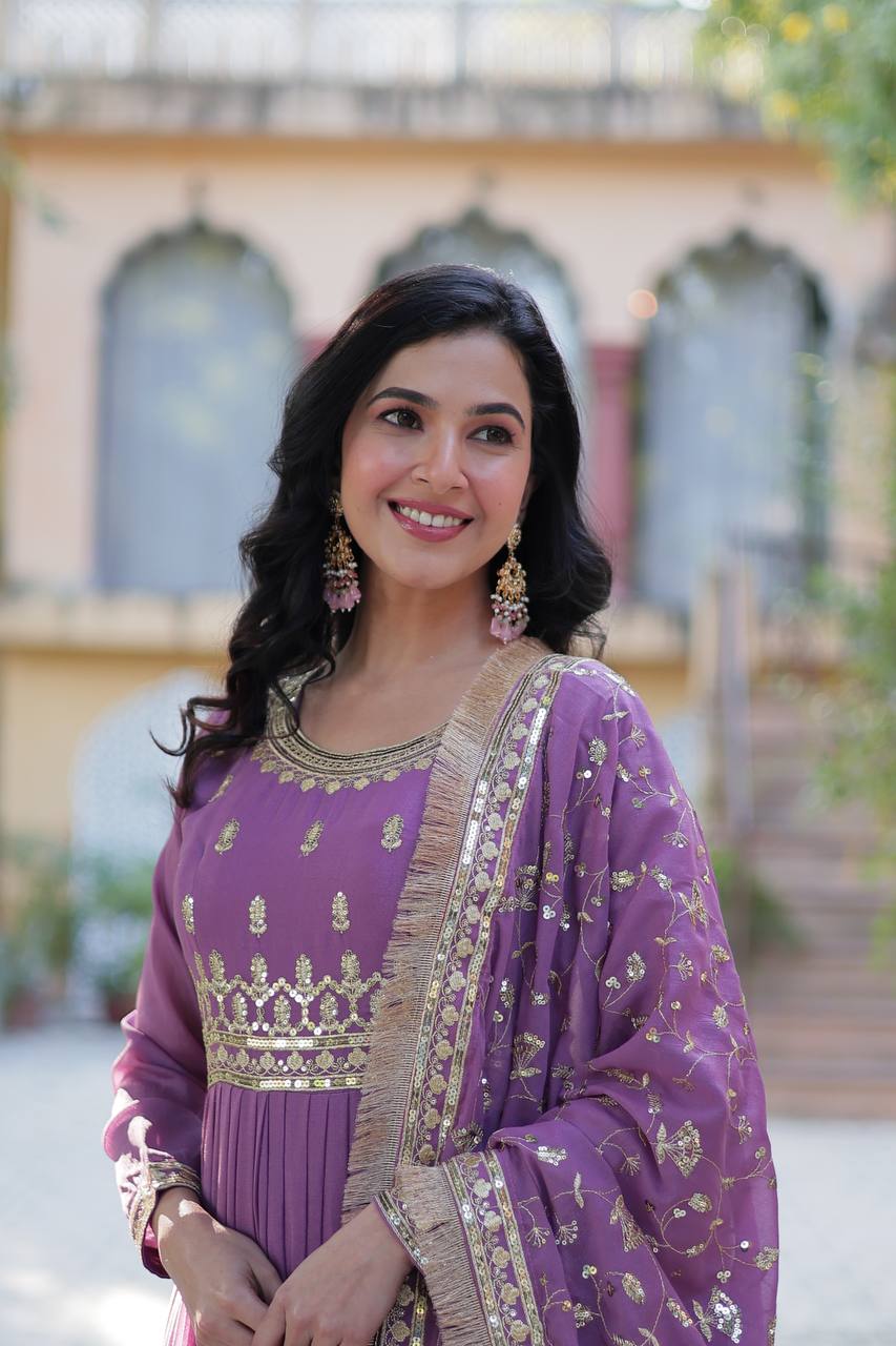 Function Wear Lavender Color Star Georgette Fabrics Designer Gown With Embroidered Dupatta
