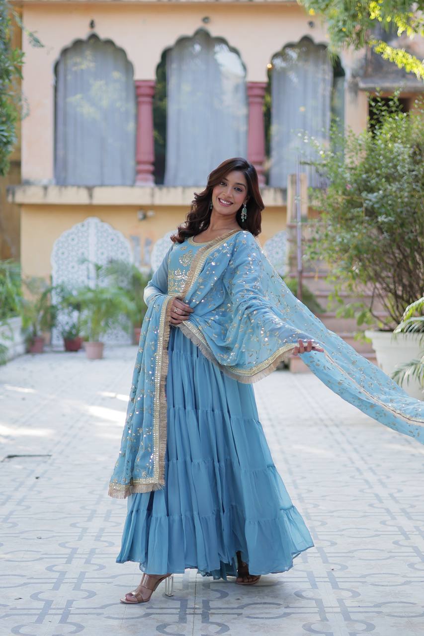 Function Wear Sky Color Star Georgette Fabrics Designer Gown With Embroidered Dupatta