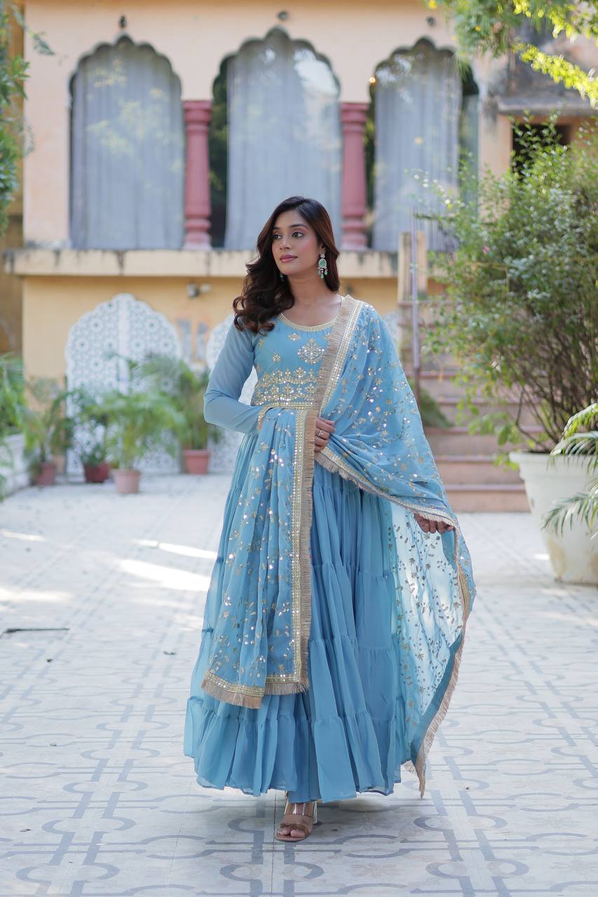 Function Wear Sky Color Star Georgette Fabrics Designer Gown With Embroidered Dupatta