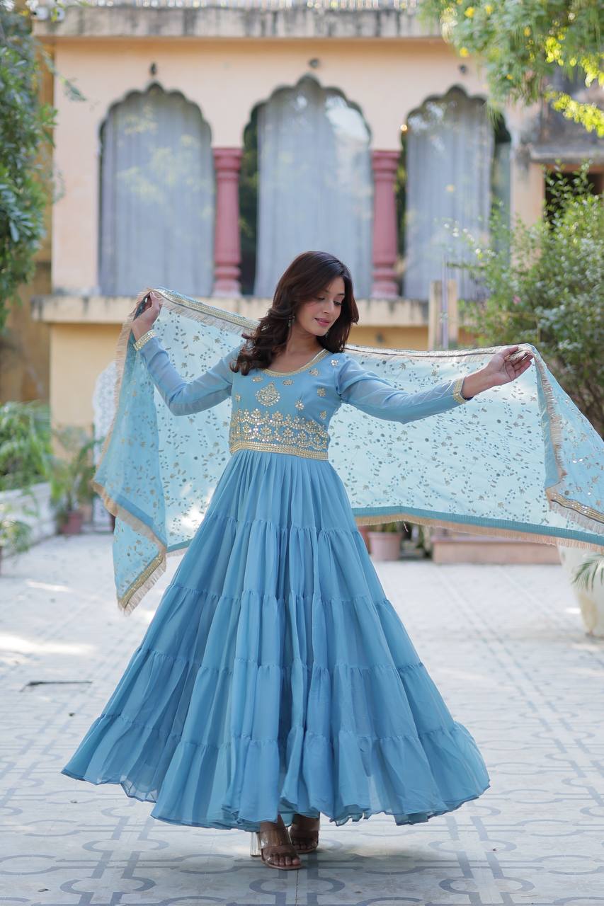 Function Wear Sky Color Star Georgette Fabrics Designer Gown With Embroidered Dupatta