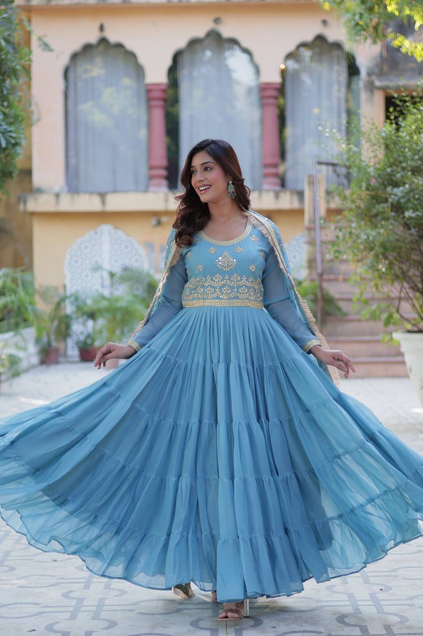 Function Wear Sky Color Star Georgette Fabrics Designer Gown With Embroidered Dupatta