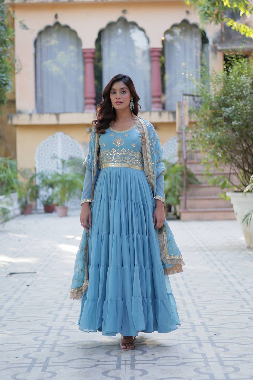 Function Wear Sky Color Star Georgette Fabrics Designer Gown With Embroidered Dupatta