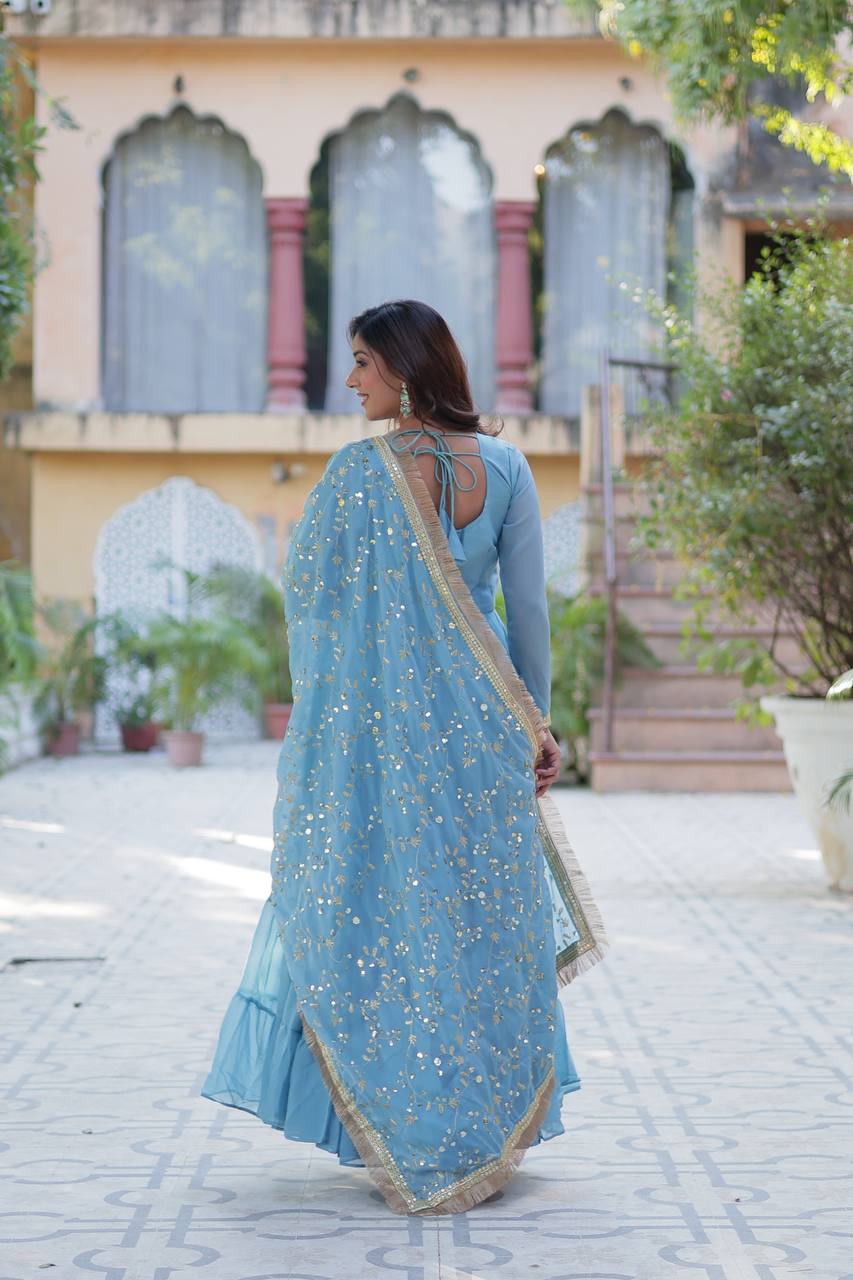 Function Wear Sky Color Star Georgette Fabrics Designer Gown With Embroidered Dupatta