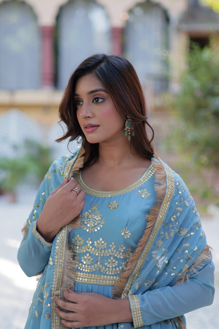 Function Wear Sky Color Star Georgette Fabrics Designer Gown With Embroidered Dupatta