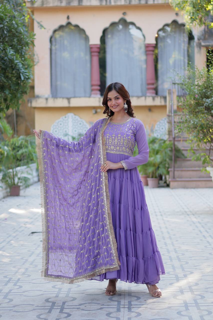 Function Wear Light Purple Color Star Georgette Fabrics Designer Gown With Embroidered Dupatta