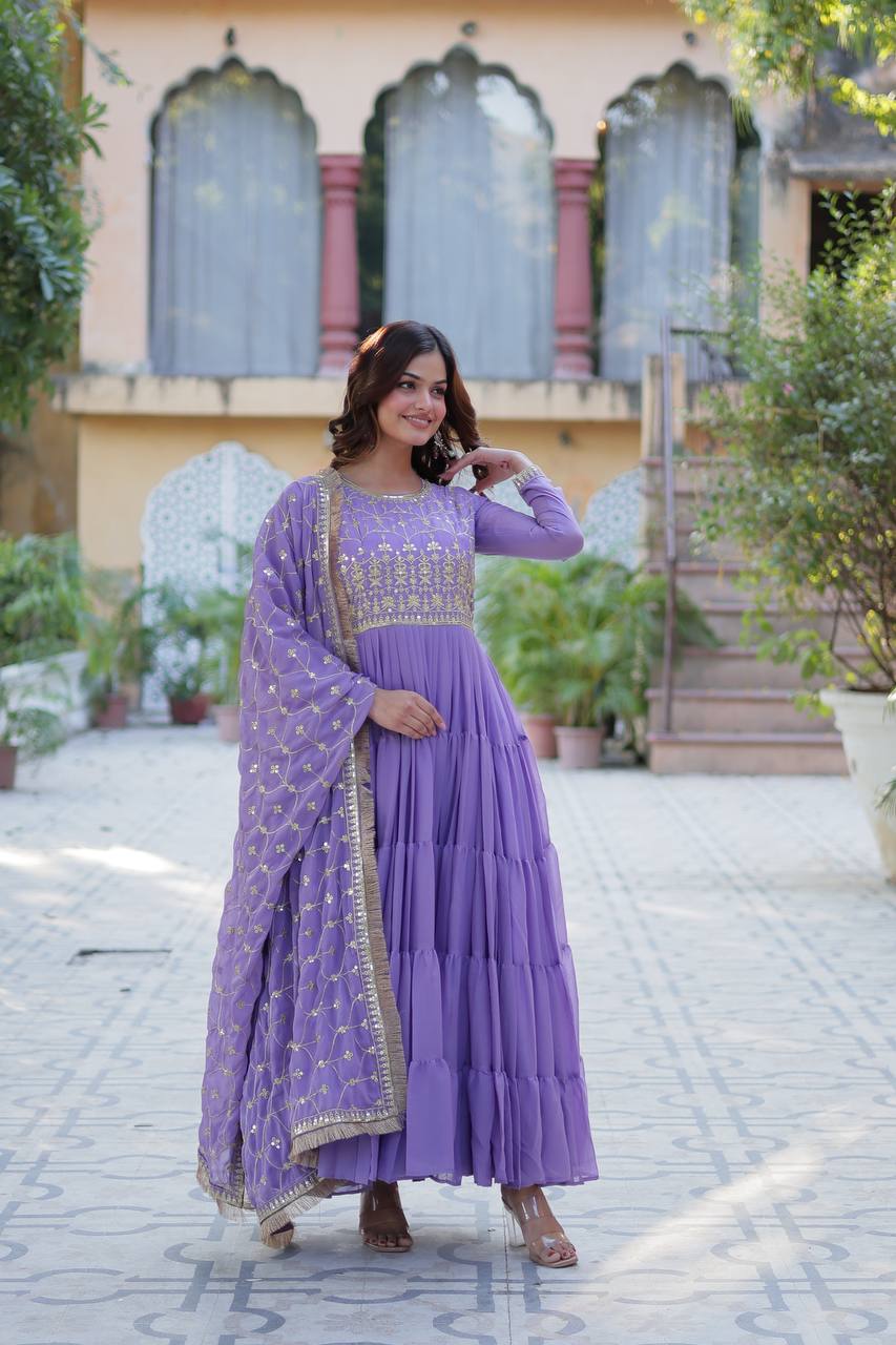 Function Wear Light Purple Color Star Georgette Fabrics Designer Gown With Embroidered Dupatta