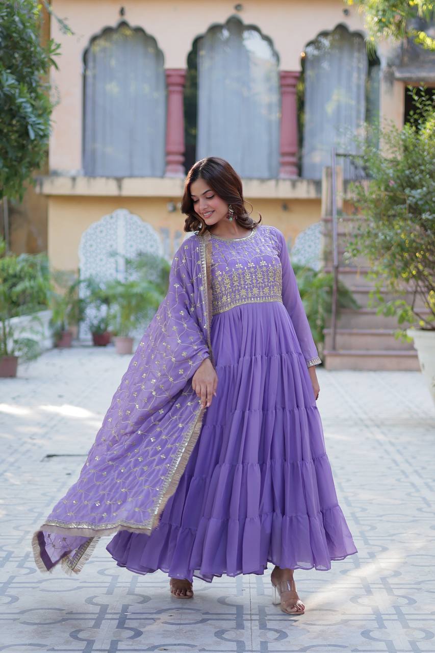 Function Wear Light Purple Color Star Georgette Fabrics Designer Gown With Embroidered Dupatta